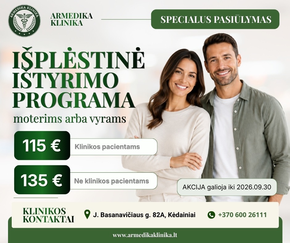 Išplėstinė moters arba vyro sveikatos ištyrimo programa Armedikos pacientams tik 115 €, o klinikos svečiams 135 €! Pasirūpinkite savo savijauta jau dabar!
